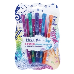 Penna gel glitter con cappuccio e inchiostro profumato + stencil Lebez - conf. 8