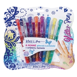 Penna gel glitter con cappuccio e inchiostro profumato + stencil Lebez - conf. 6