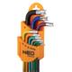 Chiavi tampertorx colorate extra lunghe Neo Tools -  9 pezzi assortiti - misure TT10-TT50 con foro - acciaio S2