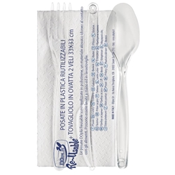 Set 3 posate Dopla Professional reuse in polistirene con tovagliolo conf 100 pz set 3 posate + tovagliolo - 03944- conf. 100