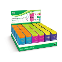 Temperamatite universale a 3 fori Lebez con coperchio e contenitore in plastica - colori assortiti - 81110- conf. 24